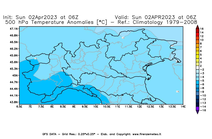 GFS analysi map - Temperature Anomalies [°C] at 500 hPa in Northern Italy
									on 02/04/2023 06 <!--googleoff: index-->UTC<!--googleon: index-->
