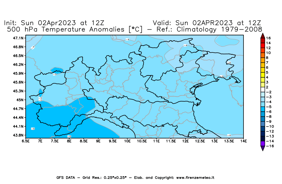 GFS analysi map - Temperature Anomalies [°C] at 500 hPa in Northern Italy
									on 02/04/2023 12 <!--googleoff: index-->UTC<!--googleon: index-->