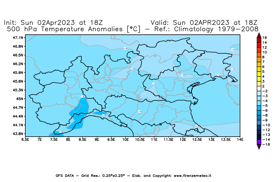 GFS analysi map - Temperature Anomalies [°C] at 500 hPa in Northern Italy
									on 02/04/2023 18 <!--googleoff: index-->UTC<!--googleon: index-->