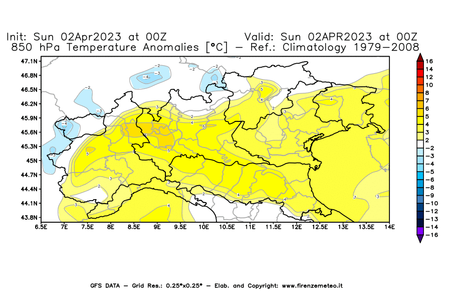 GFS analysi map - Temperature Anomalies [°C] at 850 hPa in Northern Italy
									on 02/04/2023 00 <!--googleoff: index-->UTC<!--googleon: index-->