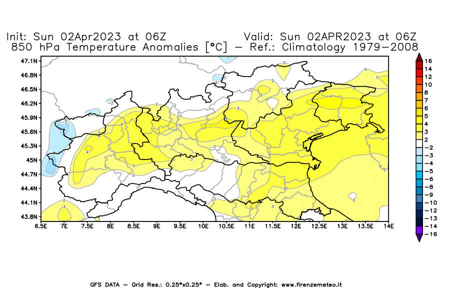 GFS analysi map - Temperature Anomalies [°C] at 850 hPa in Northern Italy
									on 02/04/2023 06 <!--googleoff: index-->UTC<!--googleon: index-->