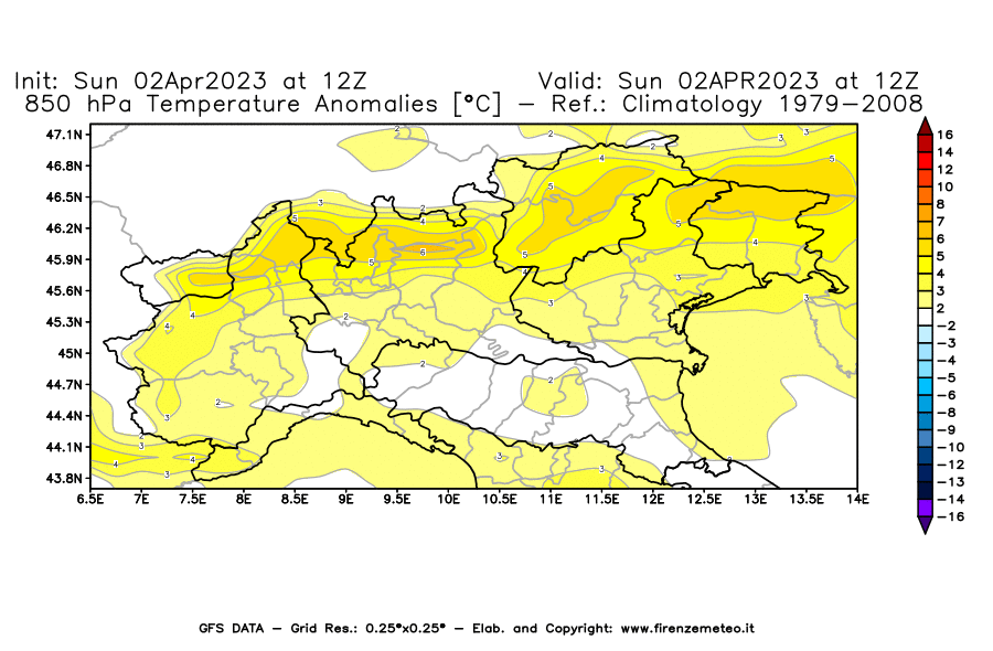 GFS analysi map - Temperature Anomalies [°C] at 850 hPa in Northern Italy
									on 02/04/2023 12 <!--googleoff: index-->UTC<!--googleon: index-->