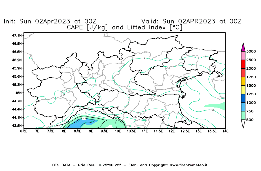 GFS analysi map - CAPE [J/kg] and Lifted Index [°C] in Northern Italy
									on 02/04/2023 00 <!--googleoff: index-->UTC<!--googleon: index-->