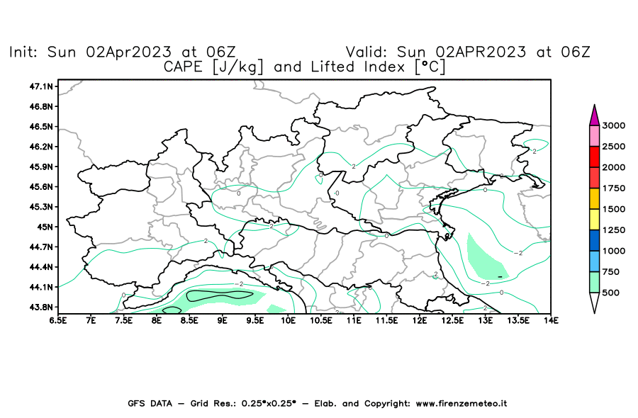 Mappa di analisi GFS - CAPE [J/kg] e Lifted Index [°C] in Nord-Italia
							del 02/04/2023 06 <!--googleoff: index-->UTC<!--googleon: index-->