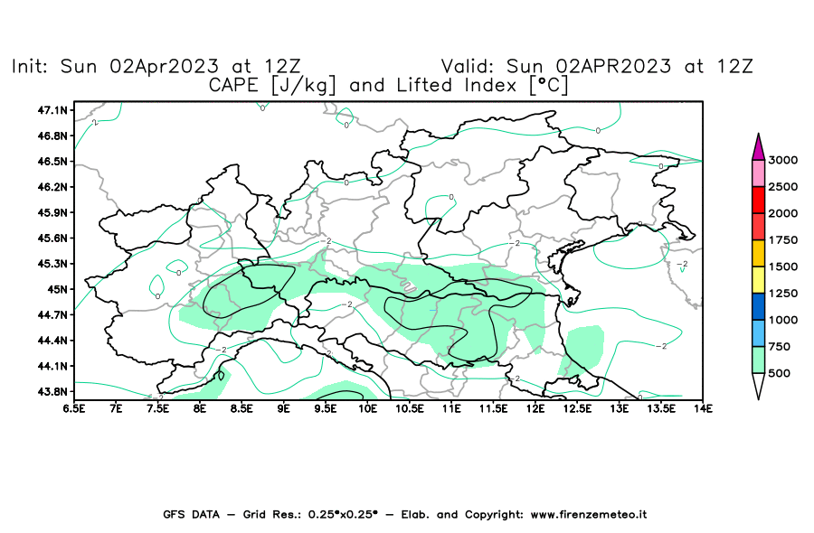Mappa di analisi GFS - CAPE [J/kg] e Lifted Index [°C] in Nord-Italia
							del 02/04/2023 12 <!--googleoff: index-->UTC<!--googleon: index-->