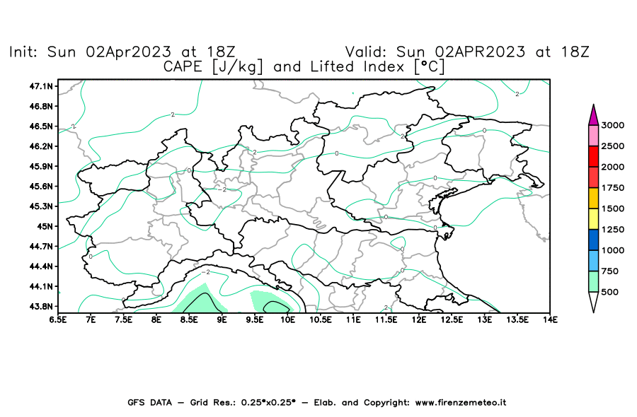 Mappa di analisi GFS - CAPE [J/kg] e Lifted Index [°C] in Nord-Italia
							del 02/04/2023 18 <!--googleoff: index-->UTC<!--googleon: index-->