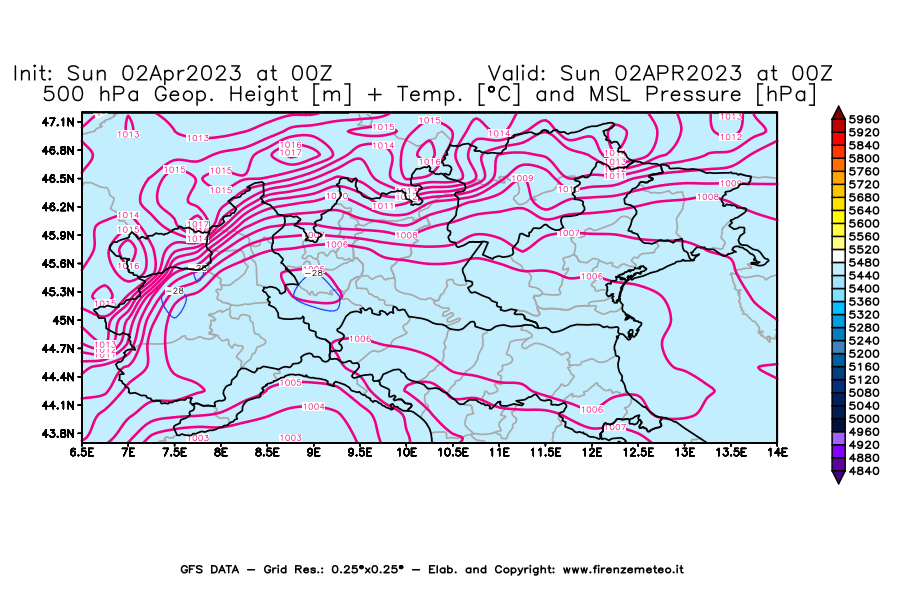 Mappa di analisi GFS - Geopotenziale [m] + Temp. [°C] a 500 hPa + Press. a livello del mare [hPa] in Nord-Italia
							del 02/04/2023 00 <!--googleoff: index-->UTC<!--googleon: index-->