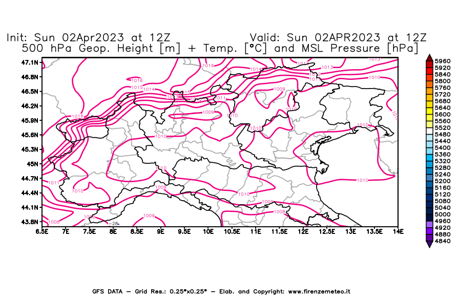 Mappa di analisi GFS - Geopotenziale [m] + Temp. [°C] a 500 hPa + Press. a livello del mare [hPa] in Nord-Italia
							del 02/04/2023 12 <!--googleoff: index-->UTC<!--googleon: index-->