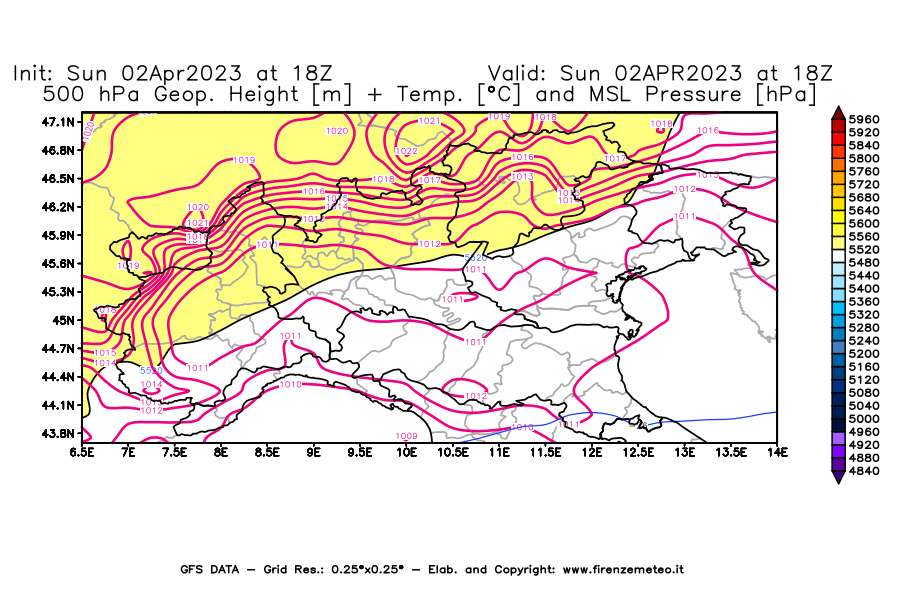 Mappa di analisi GFS - Geopotenziale [m] + Temp. [°C] a 500 hPa + Press. a livello del mare [hPa] in Nord-Italia
							del 02/04/2023 18 <!--googleoff: index-->UTC<!--googleon: index-->