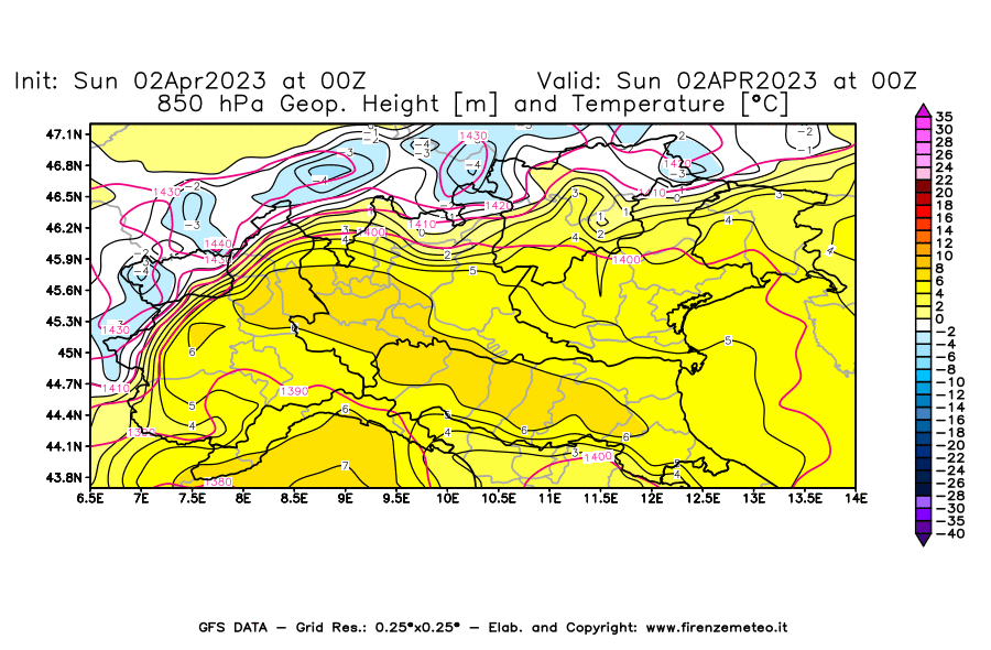 Mappa di analisi GFS - Geopotenziale [m] e Temperatura [°C] a 850 hPa in Nord-Italia
							del 02/04/2023 00 <!--googleoff: index-->UTC<!--googleon: index-->