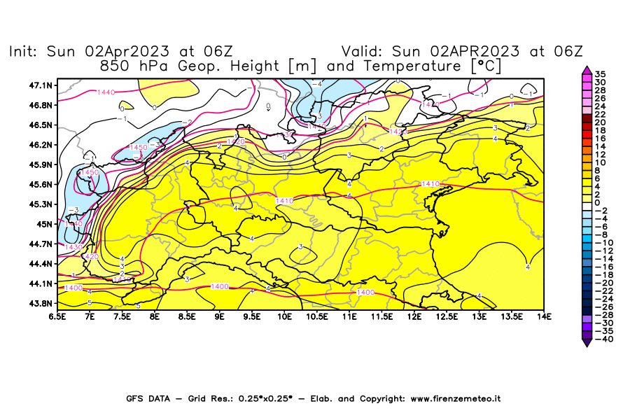 Mappa di analisi GFS - Geopotenziale [m] e Temperatura [°C] a 850 hPa in Nord-Italia
							del 02/04/2023 06 <!--googleoff: index-->UTC<!--googleon: index-->