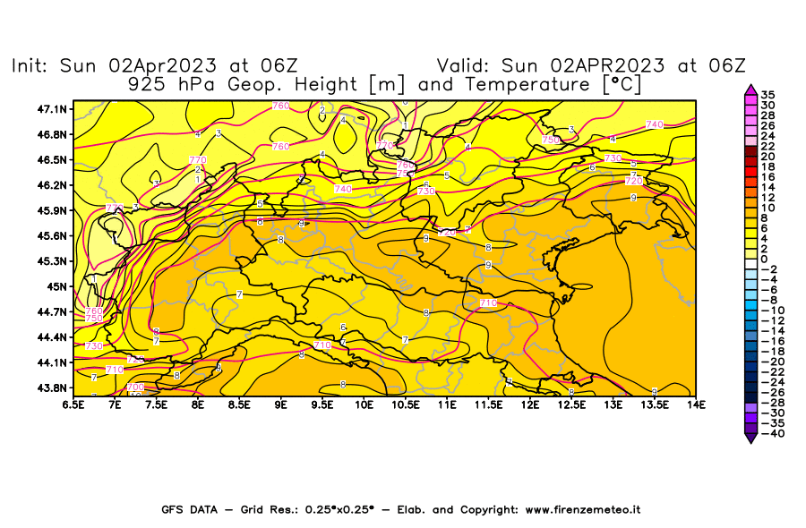Mappa di analisi GFS - Geopotenziale [m] e Temperatura [°C] a 925 hPa in Nord-Italia
							del 02/04/2023 06 <!--googleoff: index-->UTC<!--googleon: index-->