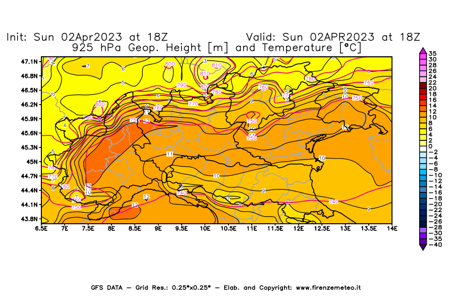Mappa di analisi GFS - Geopotenziale [m] e Temperatura [°C] a 925 hPa in Nord-Italia
							del 02/04/2023 18 <!--googleoff: index-->UTC<!--googleon: index-->