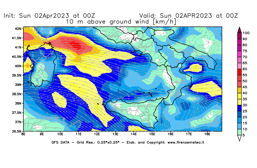 Mappa di analisi GFS - Velocità del vento a 10 metri dal suolo [km/h] in Sud-Italia
							del 02/04/2023 00 <!--googleoff: index-->UTC<!--googleon: index-->