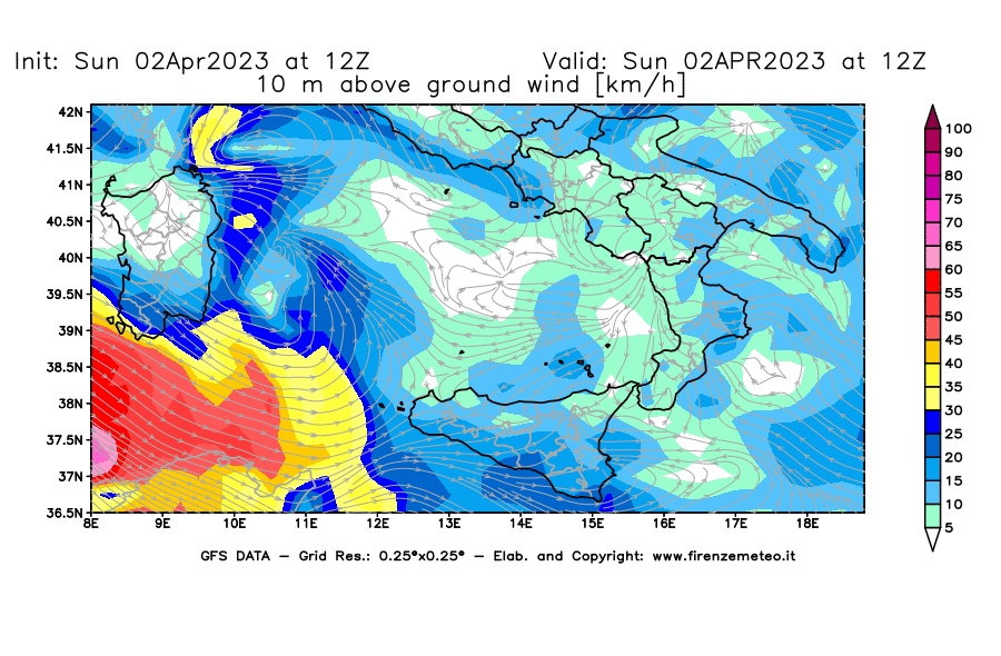 Mappa di analisi GFS - Velocità del vento a 10 metri dal suolo [km/h] in Sud-Italia
							del 02/04/2023 12 <!--googleoff: index-->UTC<!--googleon: index-->