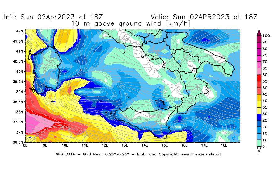 Mappa di analisi GFS - Velocità del vento a 10 metri dal suolo [km/h] in Sud-Italia
							del 02/04/2023 18 <!--googleoff: index-->UTC<!--googleon: index-->