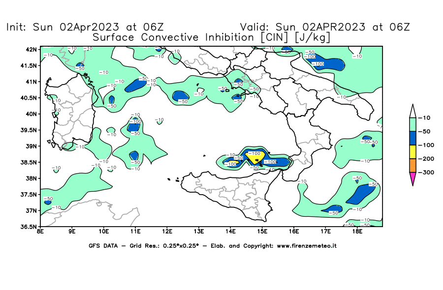 GFS analysi map - CIN [J/kg] in Southern Italy
									on 02/04/2023 06 <!--googleoff: index-->UTC<!--googleon: index-->