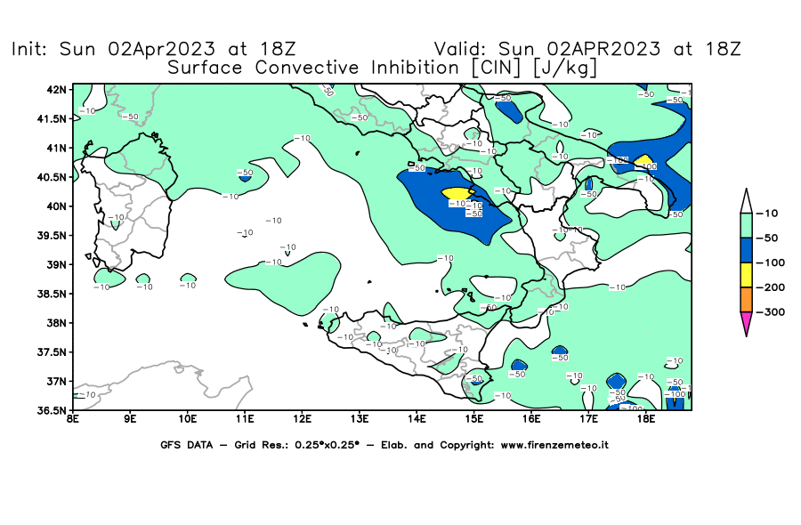 GFS analysi map - CIN [J/kg] in Southern Italy
									on 02/04/2023 18 <!--googleoff: index-->UTC<!--googleon: index-->