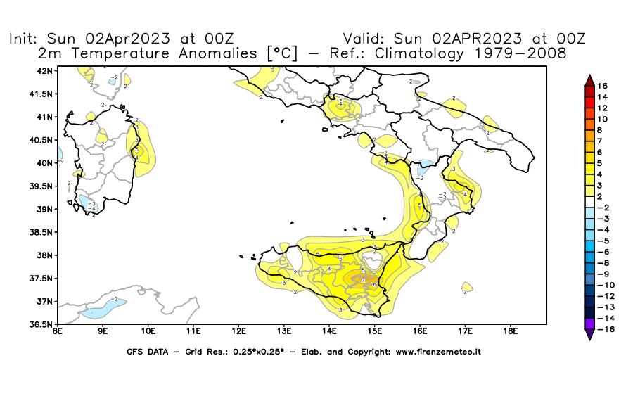 GFS analysi map - Temperature Anomalies [°C] at 2 m in Southern Italy
									on 02/04/2023 00 <!--googleoff: index-->UTC<!--googleon: index-->