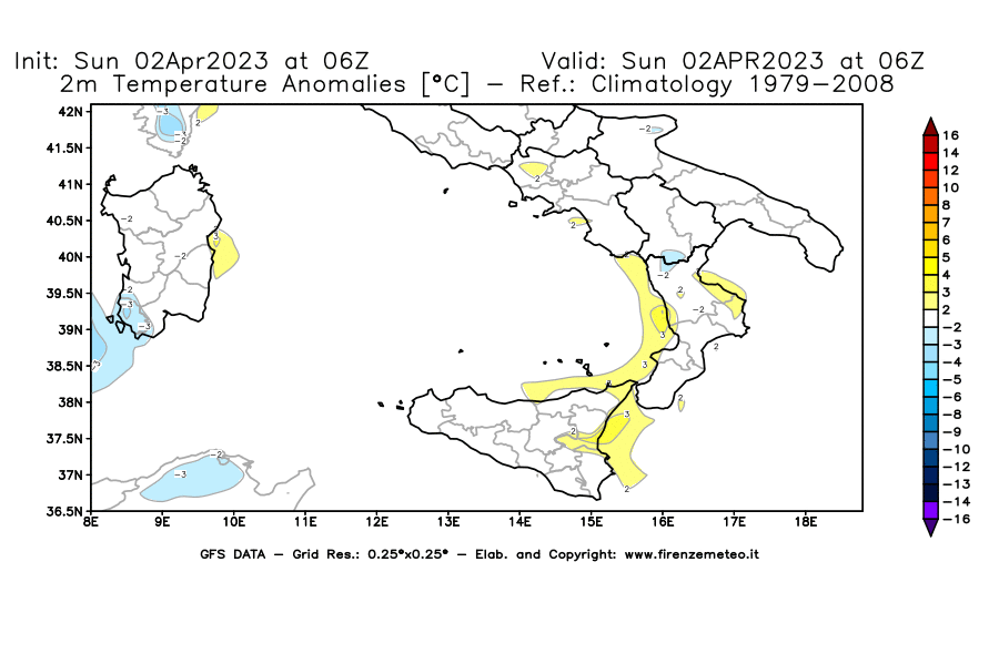 Mappa di analisi GFS - Anomalia Temperatura [°C] a 2 m in Sud-Italia
							del 02/04/2023 06 <!--googleoff: index-->UTC<!--googleon: index-->
