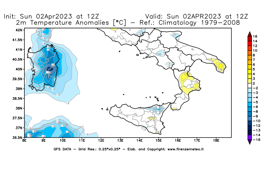 Mappa di analisi GFS - Anomalia Temperatura [°C] a 2 m in Sud-Italia
							del 02/04/2023 12 <!--googleoff: index-->UTC<!--googleon: index-->