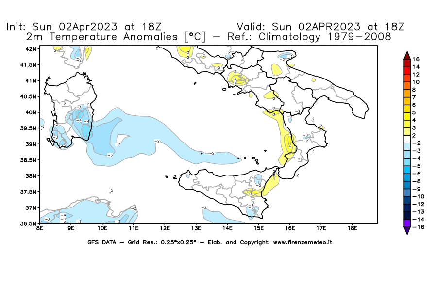 Mappa di analisi GFS - Anomalia Temperatura [°C] a 2 m in Sud-Italia
							del 02/04/2023 18 <!--googleoff: index-->UTC<!--googleon: index-->