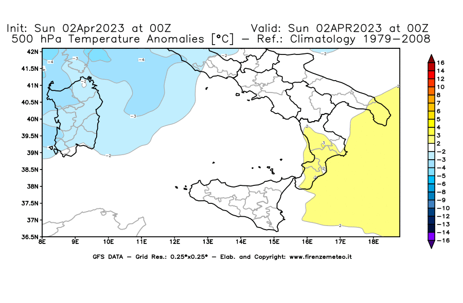 Mappa di analisi GFS - Anomalia Temperatura [°C] a 500 hPa in Sud-Italia
							del 02/04/2023 00 <!--googleoff: index-->UTC<!--googleon: index-->