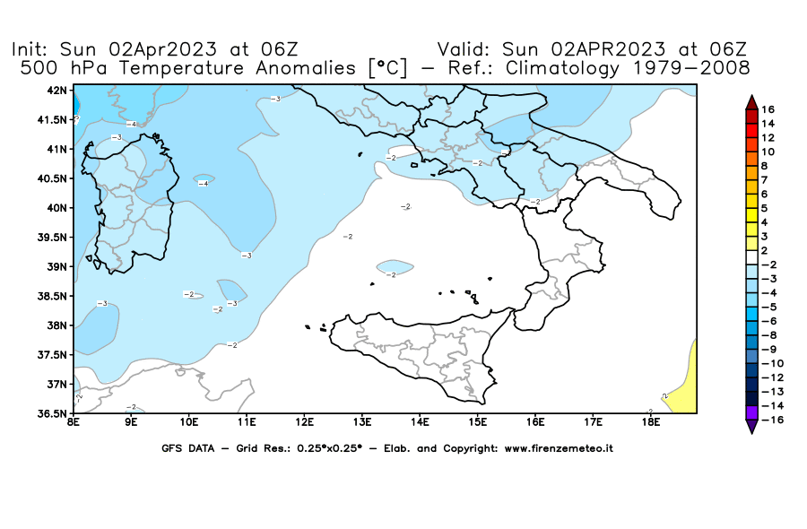 Mappa di analisi GFS - Anomalia Temperatura [°C] a 500 hPa in Sud-Italia
							del 02/04/2023 06 <!--googleoff: index-->UTC<!--googleon: index-->