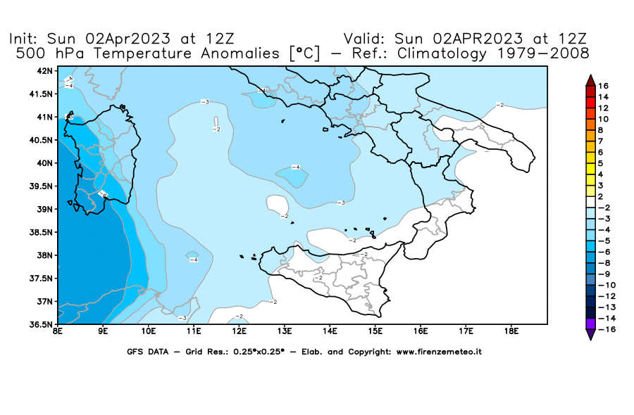 Mappa di analisi GFS - Anomalia Temperatura [°C] a 500 hPa in Sud-Italia
							del 02/04/2023 12 <!--googleoff: index-->UTC<!--googleon: index-->