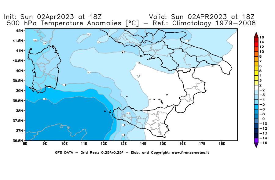GFS analysi map - Temperature Anomalies [°C] at 500 hPa in Southern Italy
									on 02/04/2023 18 <!--googleoff: index-->UTC<!--googleon: index-->