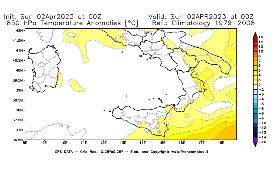 GFS analysi map - Temperature Anomalies [°C] at 850 hPa in Southern Italy
									on 02/04/2023 00 <!--googleoff: index-->UTC<!--googleon: index-->