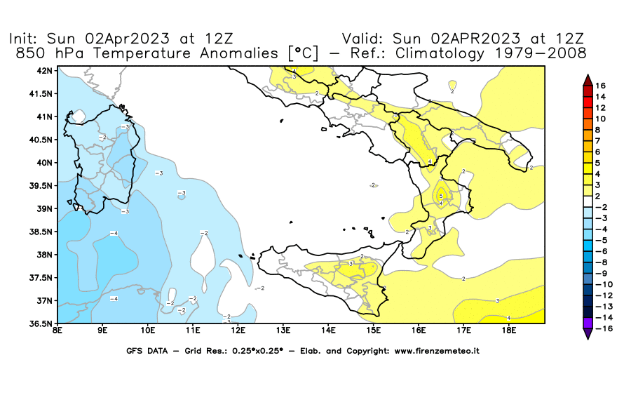 Mappa di analisi GFS - Anomalia Temperatura [°C] a 850 hPa in Sud-Italia
							del 02/04/2023 12 <!--googleoff: index-->UTC<!--googleon: index-->