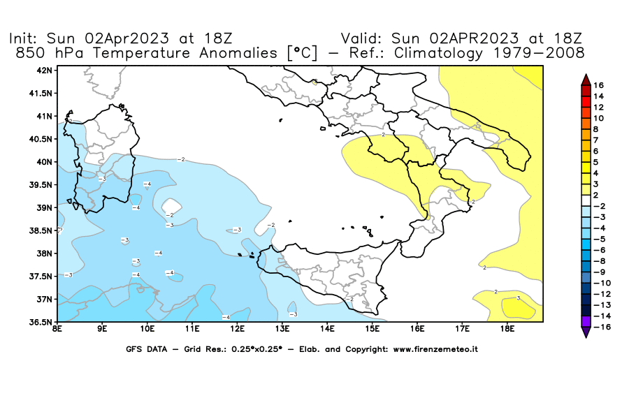 GFS analysi map - Temperature Anomalies [°C] at 850 hPa in Southern Italy
									on 02/04/2023 18 <!--googleoff: index-->UTC<!--googleon: index-->