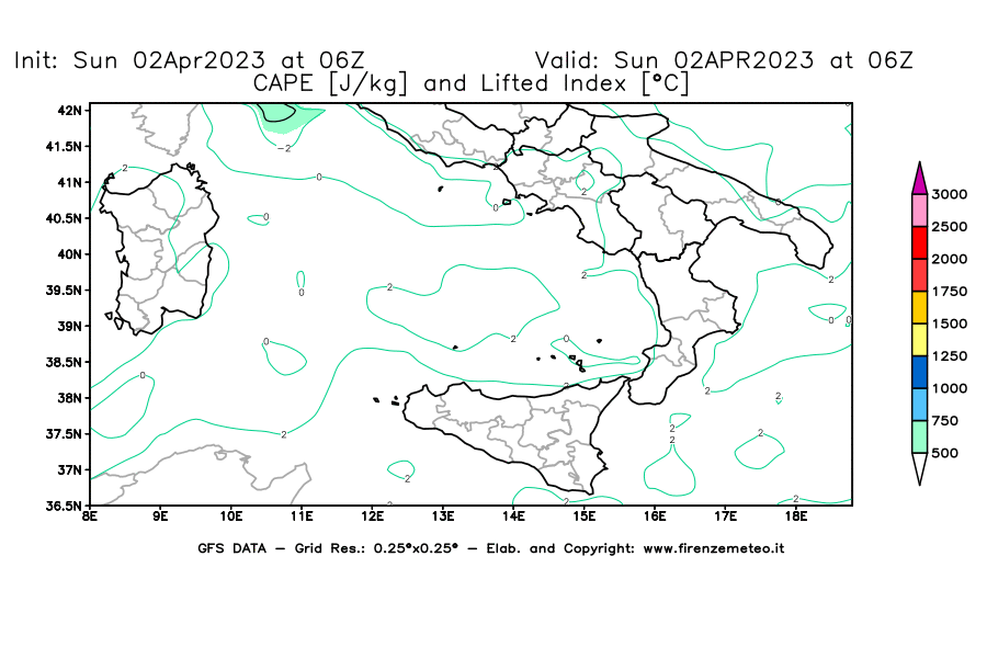 Mappa di analisi GFS - CAPE [J/kg] e Lifted Index [°C] in Sud-Italia
							del 02/04/2023 06 <!--googleoff: index-->UTC<!--googleon: index-->