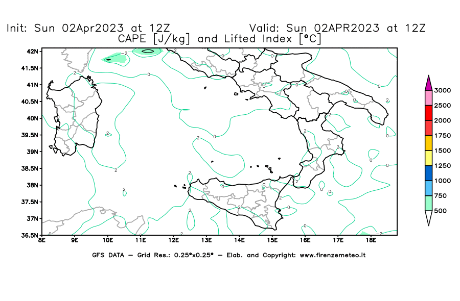 Mappa di analisi GFS - CAPE [J/kg] e Lifted Index [°C] in Sud-Italia
							del 02/04/2023 12 <!--googleoff: index-->UTC<!--googleon: index-->
