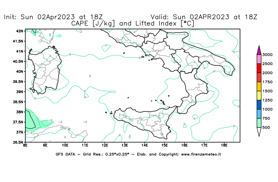 Mappa di analisi GFS - CAPE [J/kg] e Lifted Index [°C] in Sud-Italia
							del 02/04/2023 18 <!--googleoff: index-->UTC<!--googleon: index-->