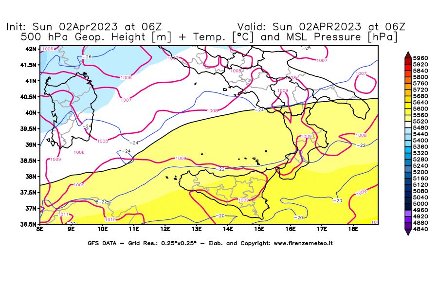 Mappa di analisi GFS - Geopotenziale [m] + Temp. [°C] a 500 hPa + Press. a livello del mare [hPa] in Sud-Italia
							del 02/04/2023 06 <!--googleoff: index-->UTC<!--googleon: index-->