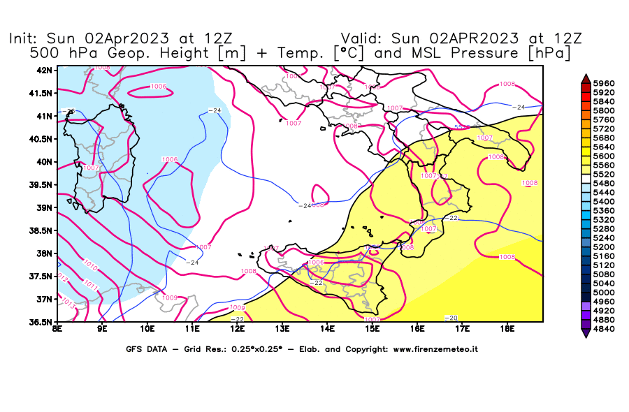 Mappa di analisi GFS - Geopotenziale [m] + Temp. [°C] a 500 hPa + Press. a livello del mare [hPa] in Sud-Italia
							del 02/04/2023 12 <!--googleoff: index-->UTC<!--googleon: index-->