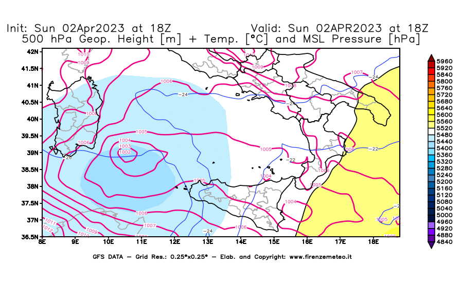 Mappa di analisi GFS - Geopotenziale [m] + Temp. [°C] a 500 hPa + Press. a livello del mare [hPa] in Sud-Italia
							del 02/04/2023 18 <!--googleoff: index-->UTC<!--googleon: index-->