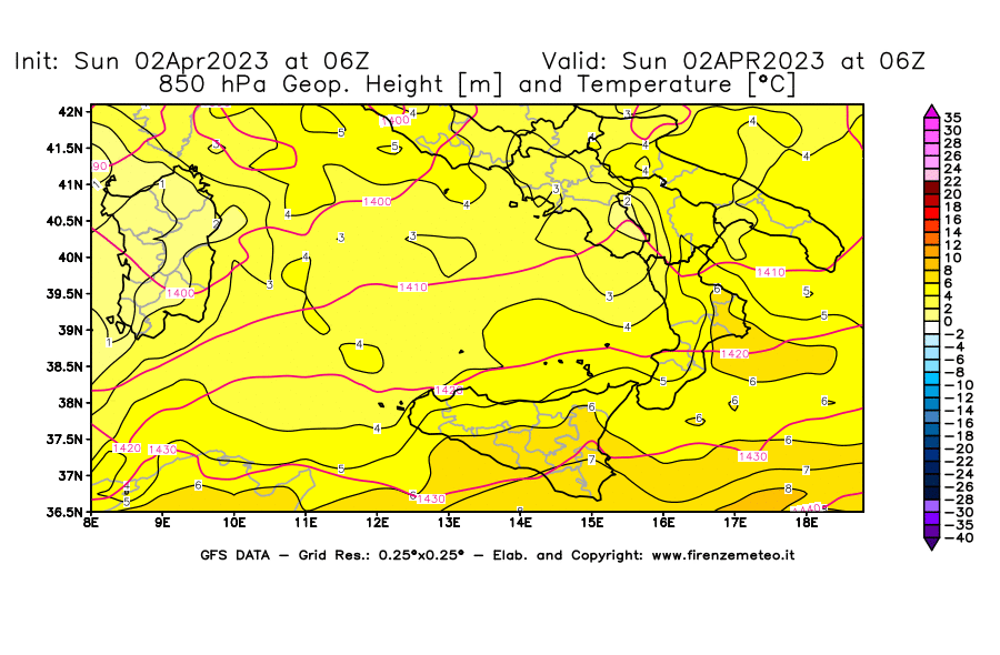 Mappa di analisi GFS - Geopotenziale [m] e Temperatura [°C] a 850 hPa in Sud-Italia
							del 02/04/2023 06 <!--googleoff: index-->UTC<!--googleon: index-->