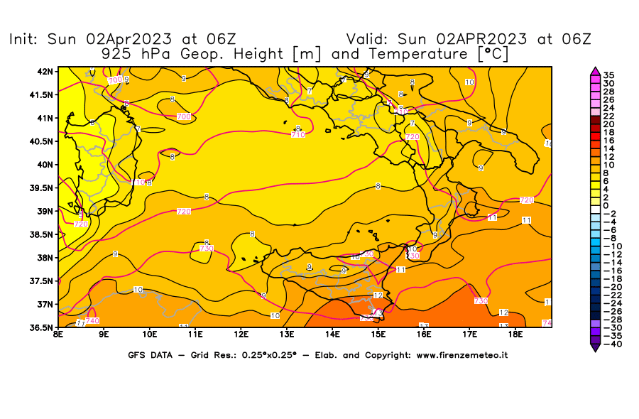 Mappa di analisi GFS - Geopotenziale [m] e Temperatura [°C] a 925 hPa in Sud-Italia
							del 02/04/2023 06 <!--googleoff: index-->UTC<!--googleon: index-->