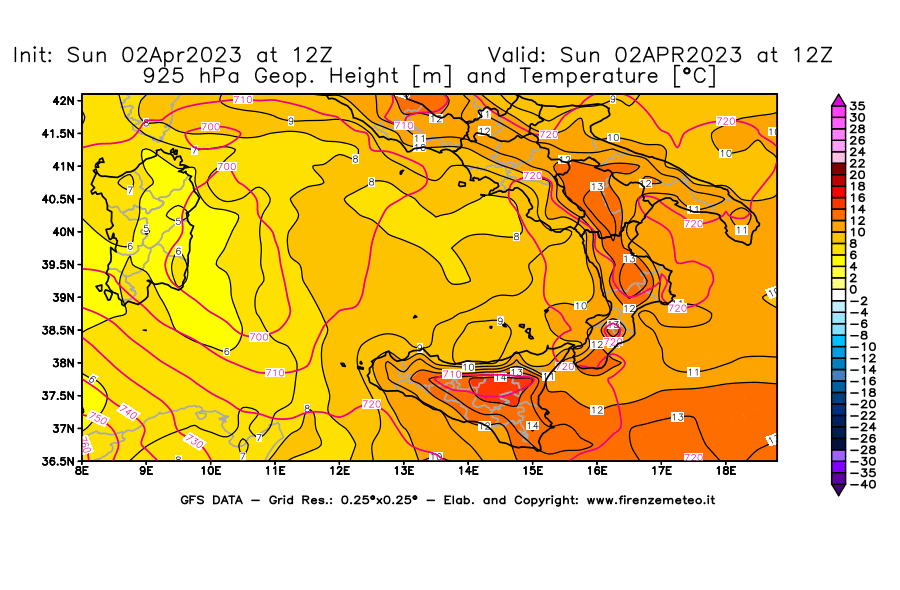 GFS analysi map - Geopotential [m] and Temperature [°C] at 925 hPa in Southern Italy
									on 02/04/2023 12 <!--googleoff: index-->UTC<!--googleon: index-->
