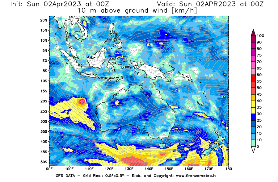 Mappa di analisi GFS - Velocità del vento a 10 metri dal suolo [km/h] in Oceania
							del 02/04/2023 00 <!--googleoff: index-->UTC<!--googleon: index-->