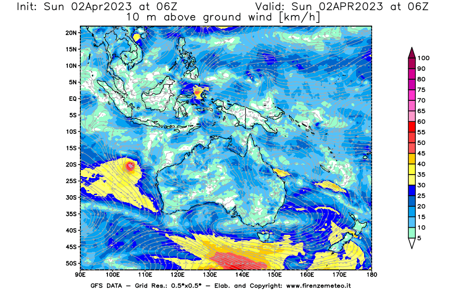 Mappa di analisi GFS - Velocità del vento a 10 metri dal suolo [km/h] in Oceania
							del 02/04/2023 06 <!--googleoff: index-->UTC<!--googleon: index-->