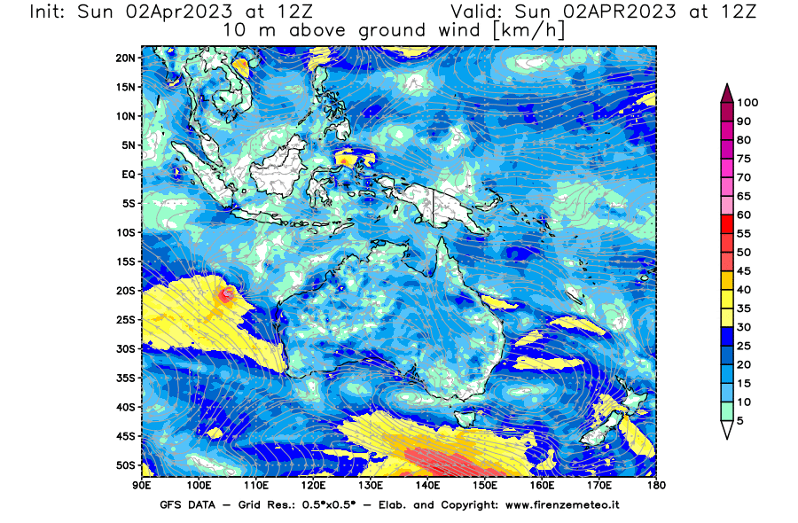 GFS analysi map - Wind Speed at 10 m above ground [km/h] in Oceania
									on 02/04/2023 12 <!--googleoff: index-->UTC<!--googleon: index-->