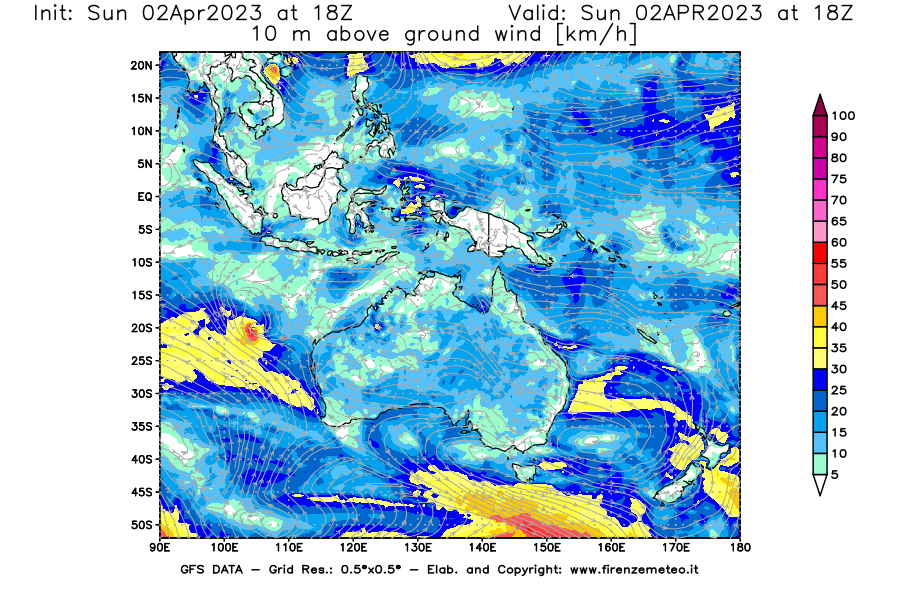 Mappa di analisi GFS - Velocità del vento a 10 metri dal suolo [km/h] in Oceania
							del 02/04/2023 18 <!--googleoff: index-->UTC<!--googleon: index-->