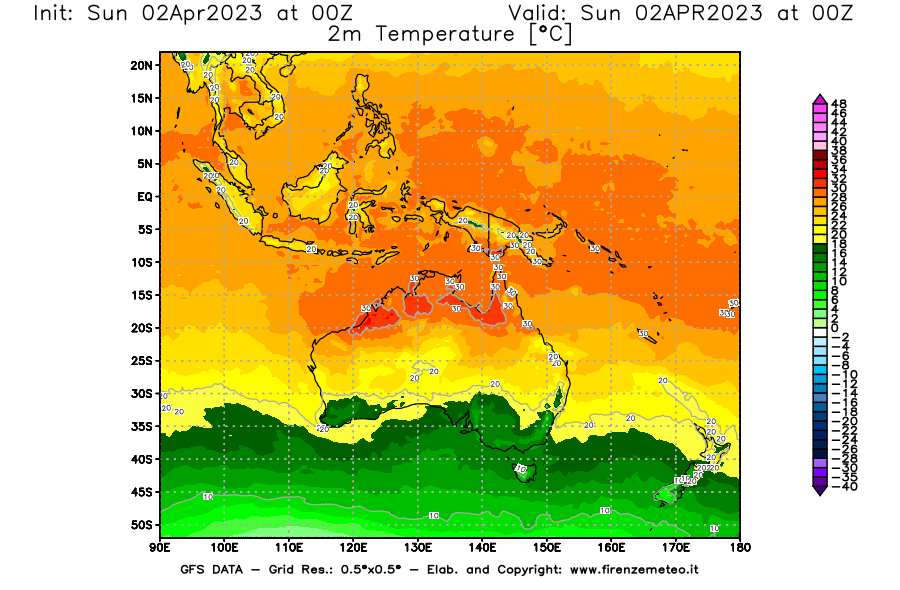 Mappa di analisi GFS - Temperatura a 2 metri dal suolo [°C] in Oceania
							del 02/04/2023 00 <!--googleoff: index-->UTC<!--googleon: index-->