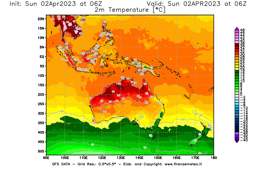 Mappa di analisi GFS - Temperatura a 2 metri dal suolo [°C] in Oceania
							del 02/04/2023 06 <!--googleoff: index-->UTC<!--googleon: index-->