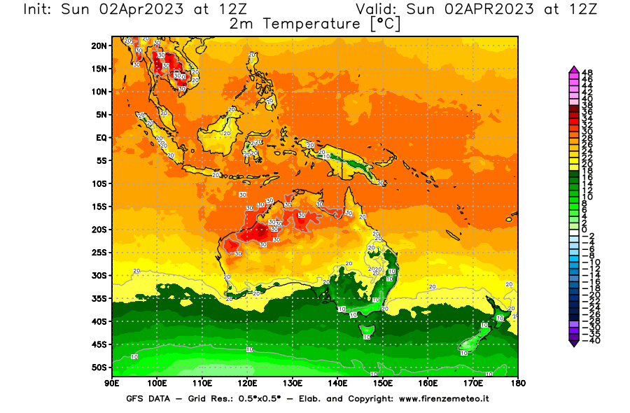 GFS analysi map - Temperature at 2 m above ground [°C] in Oceania
									on 02/04/2023 12 <!--googleoff: index-->UTC<!--googleon: index-->