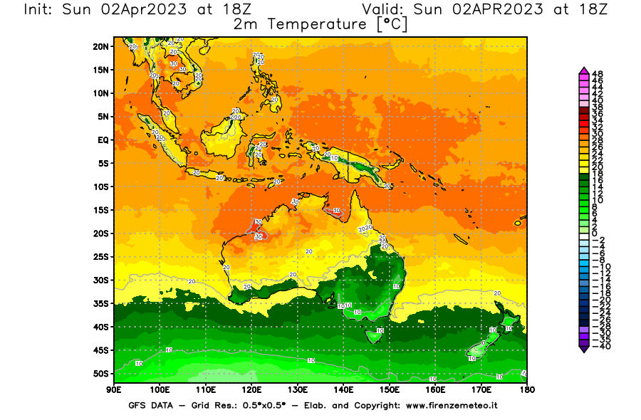 Mappa di analisi GFS - Temperatura a 2 metri dal suolo [°C] in Oceania
							del 02/04/2023 18 <!--googleoff: index-->UTC<!--googleon: index-->